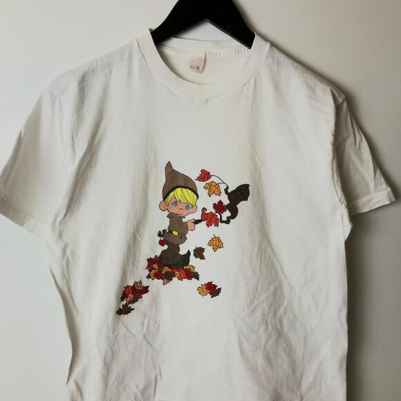 Vintage Autumn Elf T Shirt Fall Leaves Fruit of the Loom Graphic Tee USA White - Picture 11 of 14
